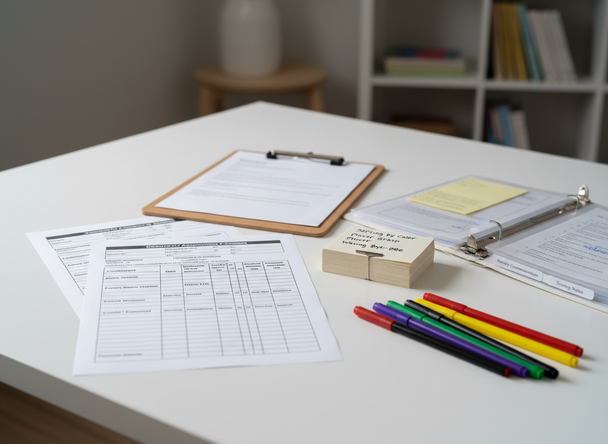 A detailed close-up of early childhood assessment tools laid out on a smooth white table: printed observation forms with checklists for developmental domains, a small stack of index cards labeled with skills, a well-used clipboard, and a set of colored pens aligned neatly. Off to one side, a tidy binder with printed tabs reads “Family Communication” and “Training Notes,” slightly open to reveal organized pages. Soft studio-style lighting from the left creates crisp yet gentle shadows, highlighting paper textures and ink lines without harsh contrast. The background fades into a soft blur of neutral office elements. Photographic realism at an eye-level, slightly angled composition, conveying a mood of precision, professionalism, and methodical practice in early childhood consulting and documentation.