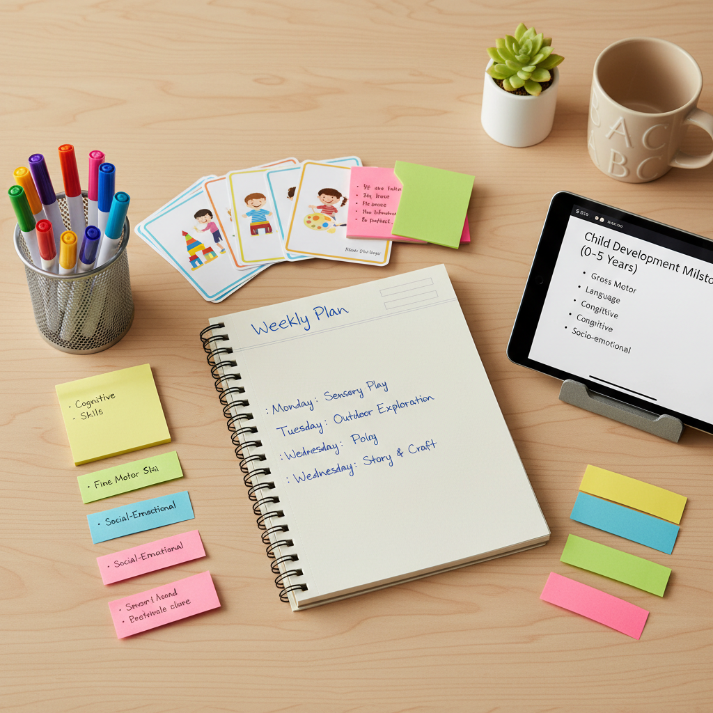 A close-up, overhead photographic view of a planning workspace for early childhood educators, with an open notebook displaying a neatly written weekly lesson plan surrounded by color-coded sticky notes, washable markers, and laminated activity cards. A tablet rests nearby showing a digital training module paused on a slide about child development milestones. The desk surface is smooth light oak, with a small plant and a ceramic mug adding warmth. Soft diffused afternoon light from an unseen window gently illuminates the scene, creating subtle shadows and clear legible details. The mood is focused and professional yet calm, emphasizing organization and expertise. Clean, modern photographic realism with sharp focus throughout, composed using the rule of thirds for a balanced, training-oriented visual.