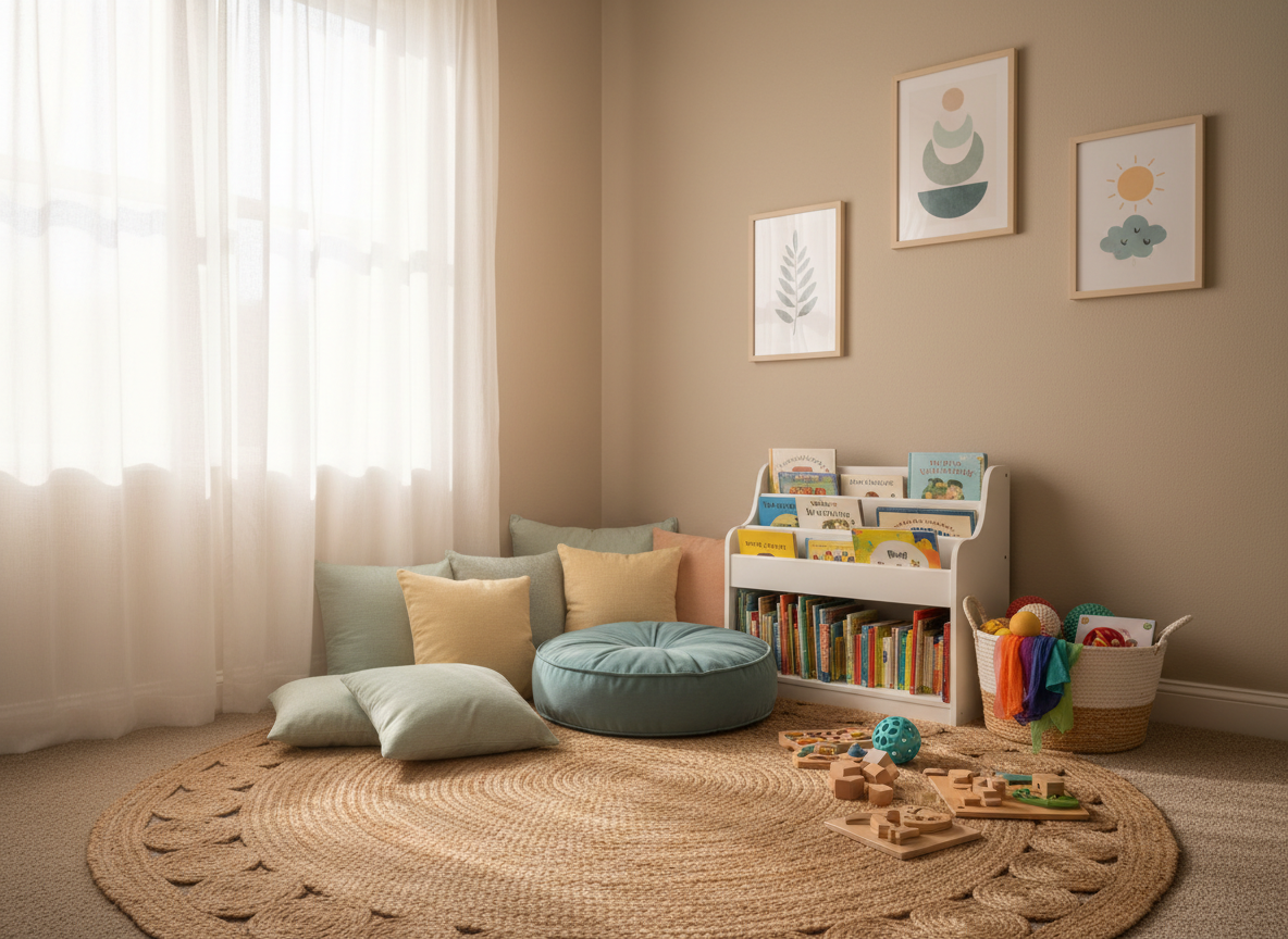 An inviting home-based childcare playroom without people, showcasing a cozy reading nook with a low, white bookshelf full of picture books, a large floor cushion in soft teal, and several plush pillows in coordinating pastel colors. Nearby, a basket of sensory toys and wooden puzzles sits on a textured jute rug. The walls are painted a warm, neutral beige with a few framed, minimalist prints of shapes and nature elements. Gentle morning light filters through sheer curtains, creating a soft, diffused glow and faint shadows that enhance the textures. Photographic realism from a slightly elevated angle, with moderate depth of field to keep most elements in focus. The mood is safe, nurturing, and thoughtfully curated, reflecting professional home-based childcare grounded in experience.